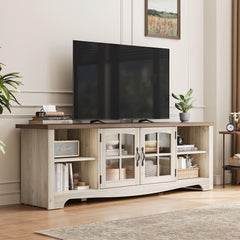 LINSY HOME Farmhouse TV Stand for 65 Inch TV, Wood Entertainment Center with Glass Door Storage Cabinet & Adjustable Shelves, Large Sturdy TV Console Table for Living Room Bedroom