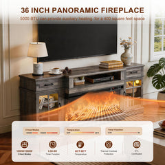 MXV 70" Fireplace TV Stand, 3-Sided Glass Fireplace and Modern Entertainment Center, Wooden Media Console with Glass Doors & Storage Drawers, LED Light, for Living Room, Antique White