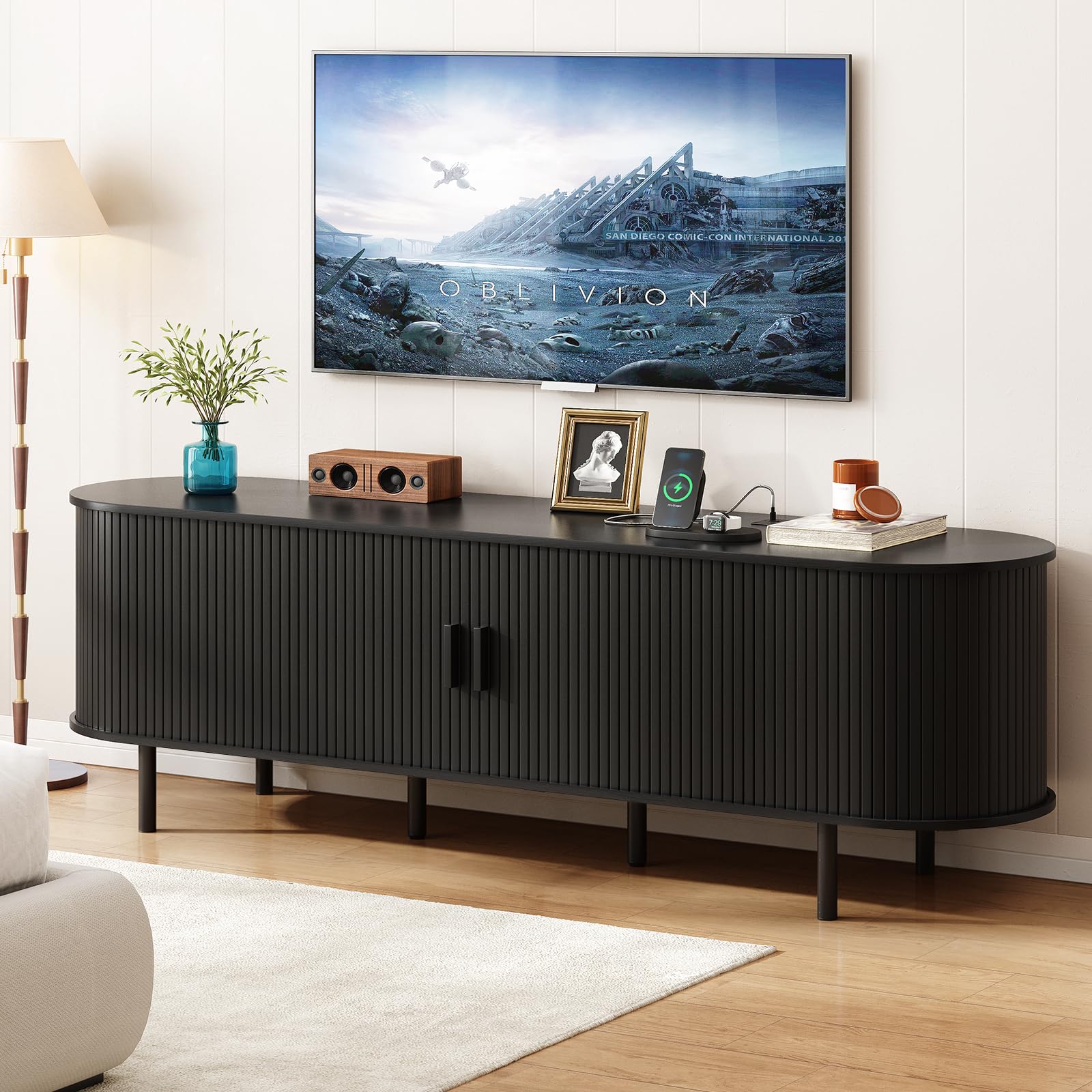 ONBRILL 70.8" TV Stand with Power Outlet for TVs up to 75 Inch, Entertainment Center with Storage and Adjustable Shelves, Modern Media Console with Sliding Doors for Living Room, Walnut