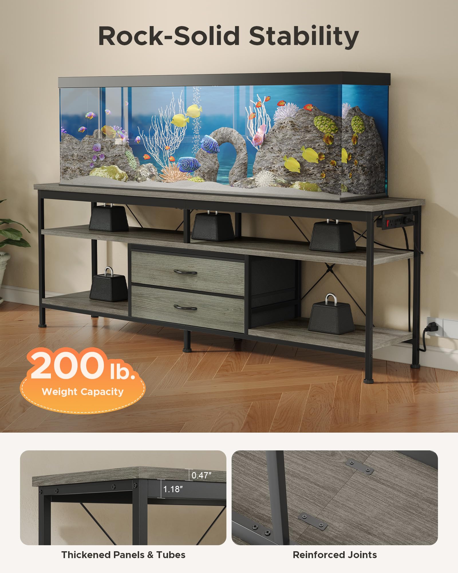 Lazzanto 63in TV Stand for 55-75in TVs, LED Lights, Charging Station, Black