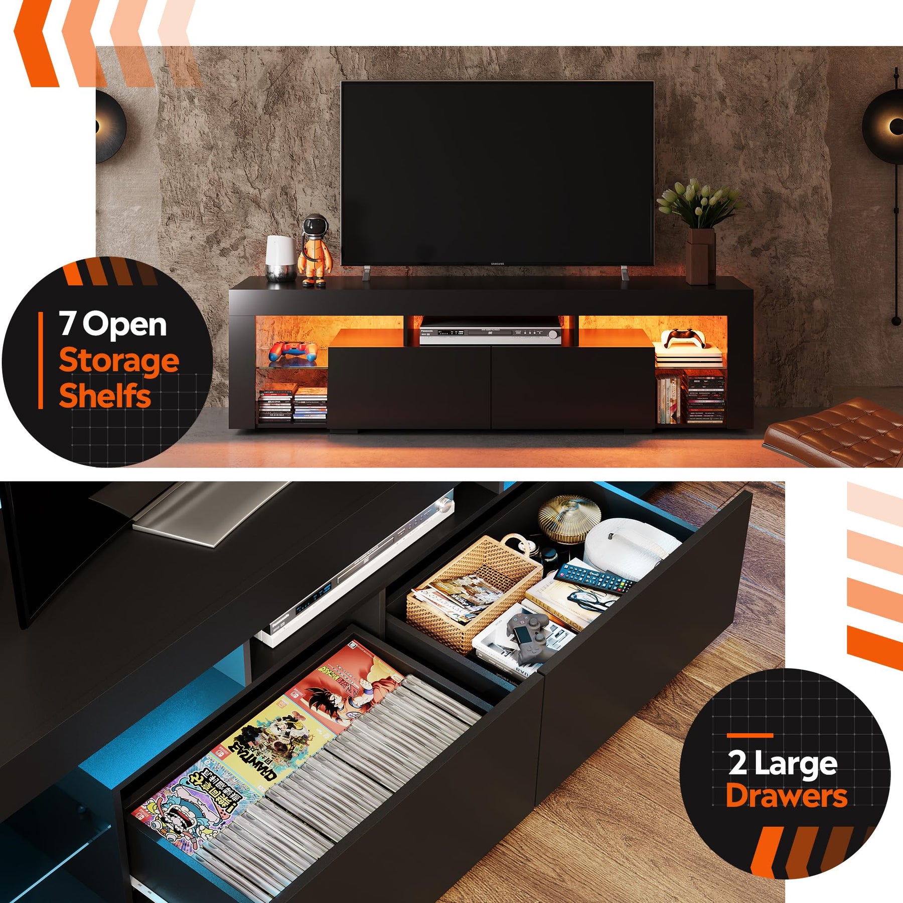 WLIVE 63 Inch TV Stand for 55/65/70 Inch TVs, Modern Entertainment Center with 20 LED Lights & 2 Large Storage Drawers, Media Console Table, Gaming Television Stands for Living Room, Bedroom, Black