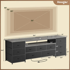 Huuger 63 Inch TV Stand for 65, 70 Inch TV, 11 Drawer Long Dresser with Power Outlets and LED Lights, Entertainment Center with Storage, Black Dresser with PU Leather Surface