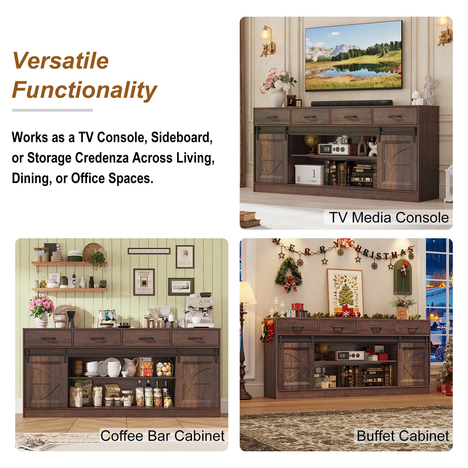 70" Large Farmhouse Tall TV Stand for 85/80/75/70 Inch TVs,4 Drawers,Brown