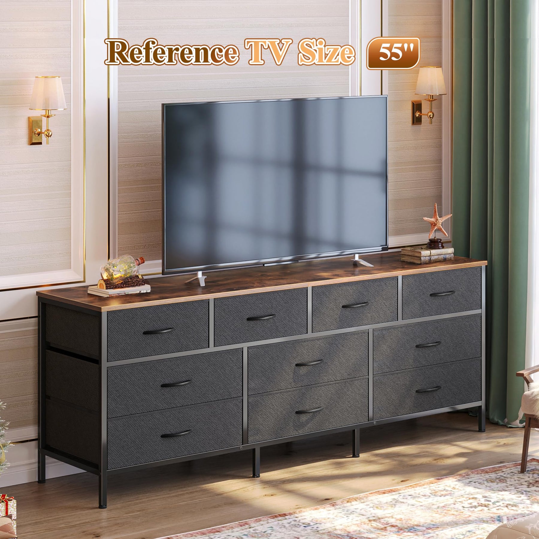 Huuger 63 Inch Dresser for Bedroom, Long Dresser with 10 Fabric Drawers, TV Stand for 55, 65, 70 Inch TV, Toy Storage Organizer for Closet, Rustic Brown