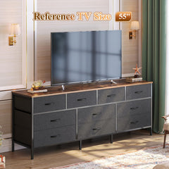 Huuger 63 Inch Dresser for Bedroom, Long Dresser with 10 Fabric Drawers, TV Stand for 55, 65, 70 Inch TV, Toy Storage Organizer for Closet, Rustic Brown