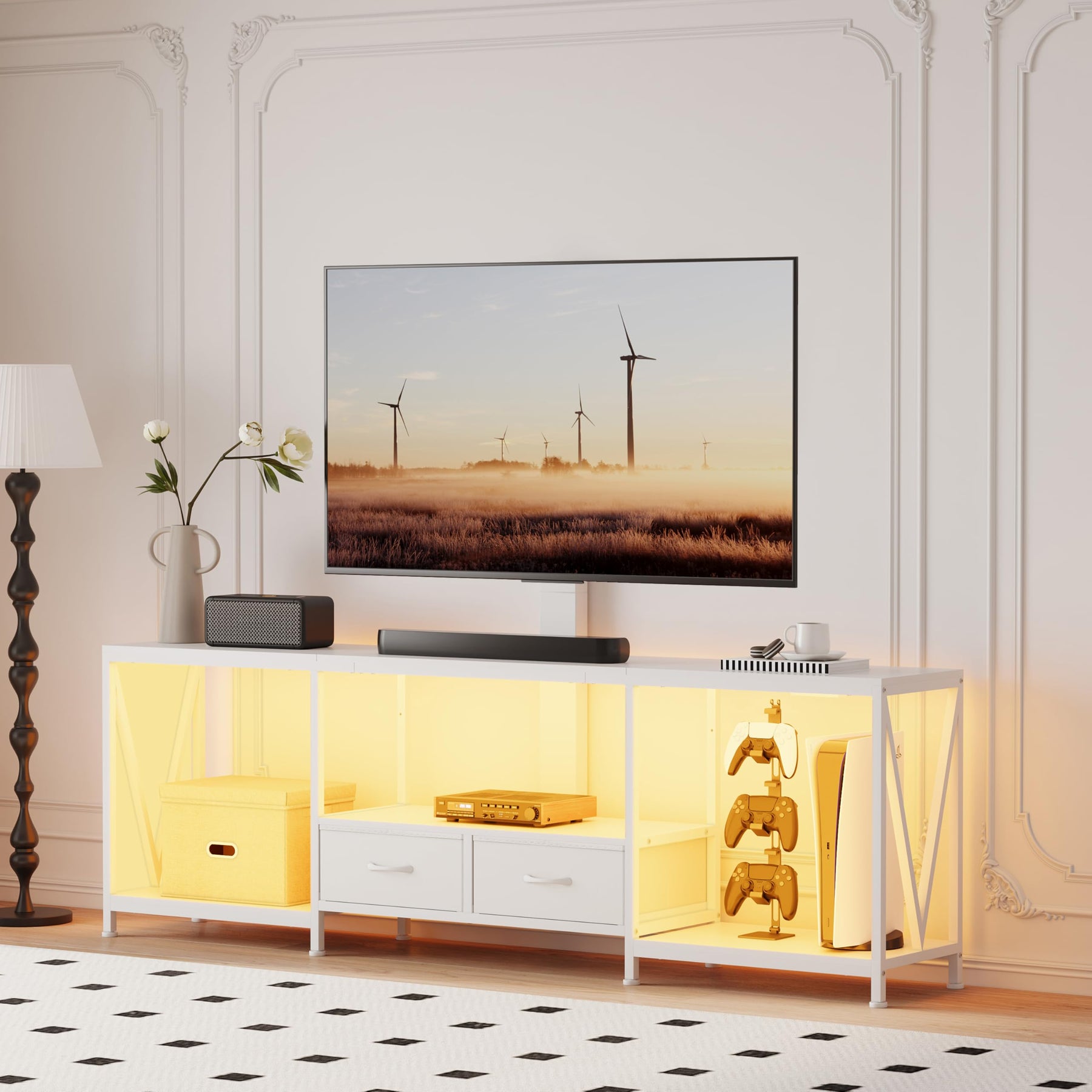 NinPeen 63" W TV Stand with Mount,LED & Charging Station for 55,65,75" TV
