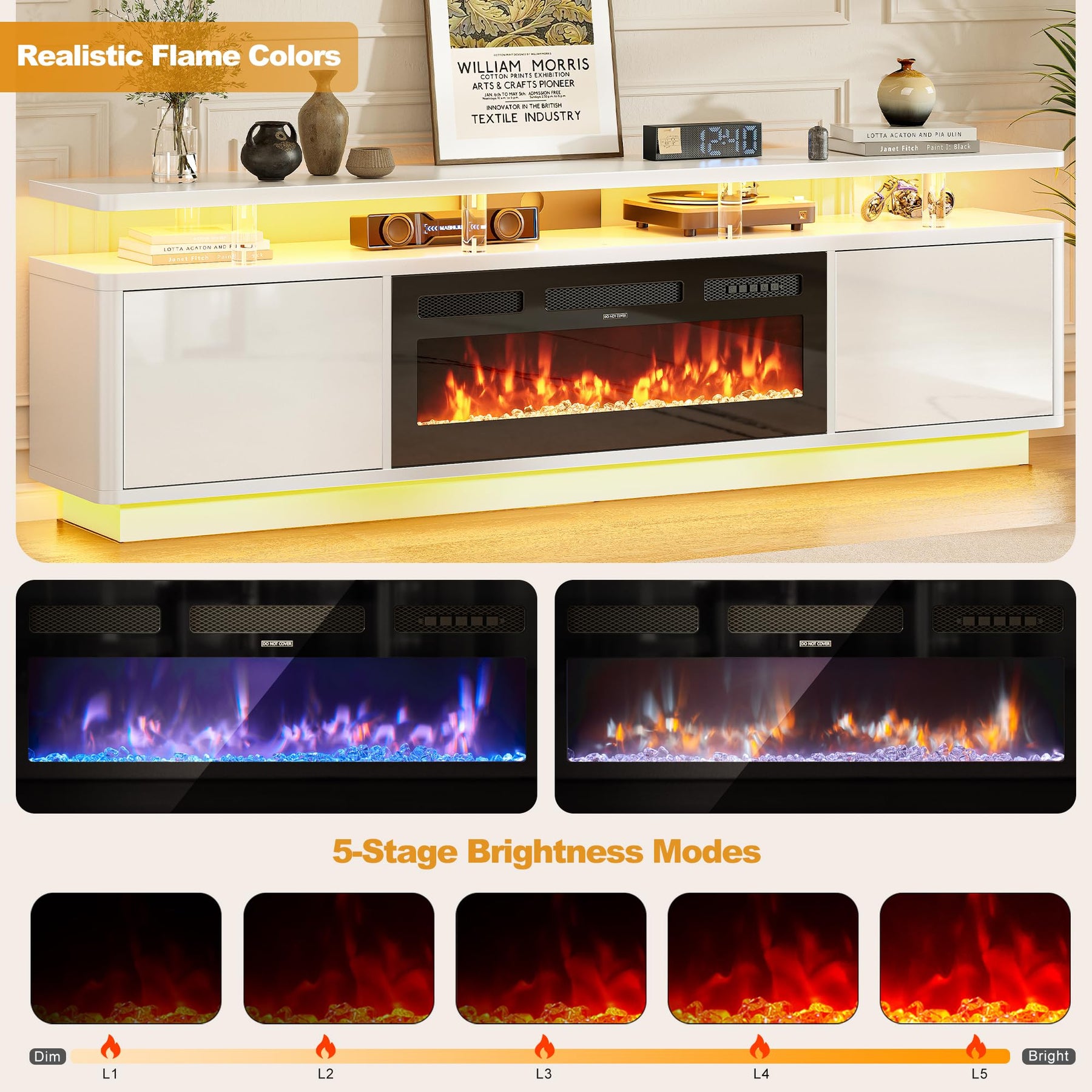 OneBlis 70" Fireplace TV Stand with Double LED Lights for TVs UP to 80", Electric Fireplace Entertainment Center with Storage Cabinets, TV Console for Living Room, Office, Black1