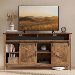 VASAGLE Tall Farmhouse TV Stand, Entertainment Center with Barn Doors, Storage Media Console Table for Living Room, 58.3 x 15.7 x 31.9 Inch, Rustic White and Honey Brown, LIRY Collection ULTV031W101S