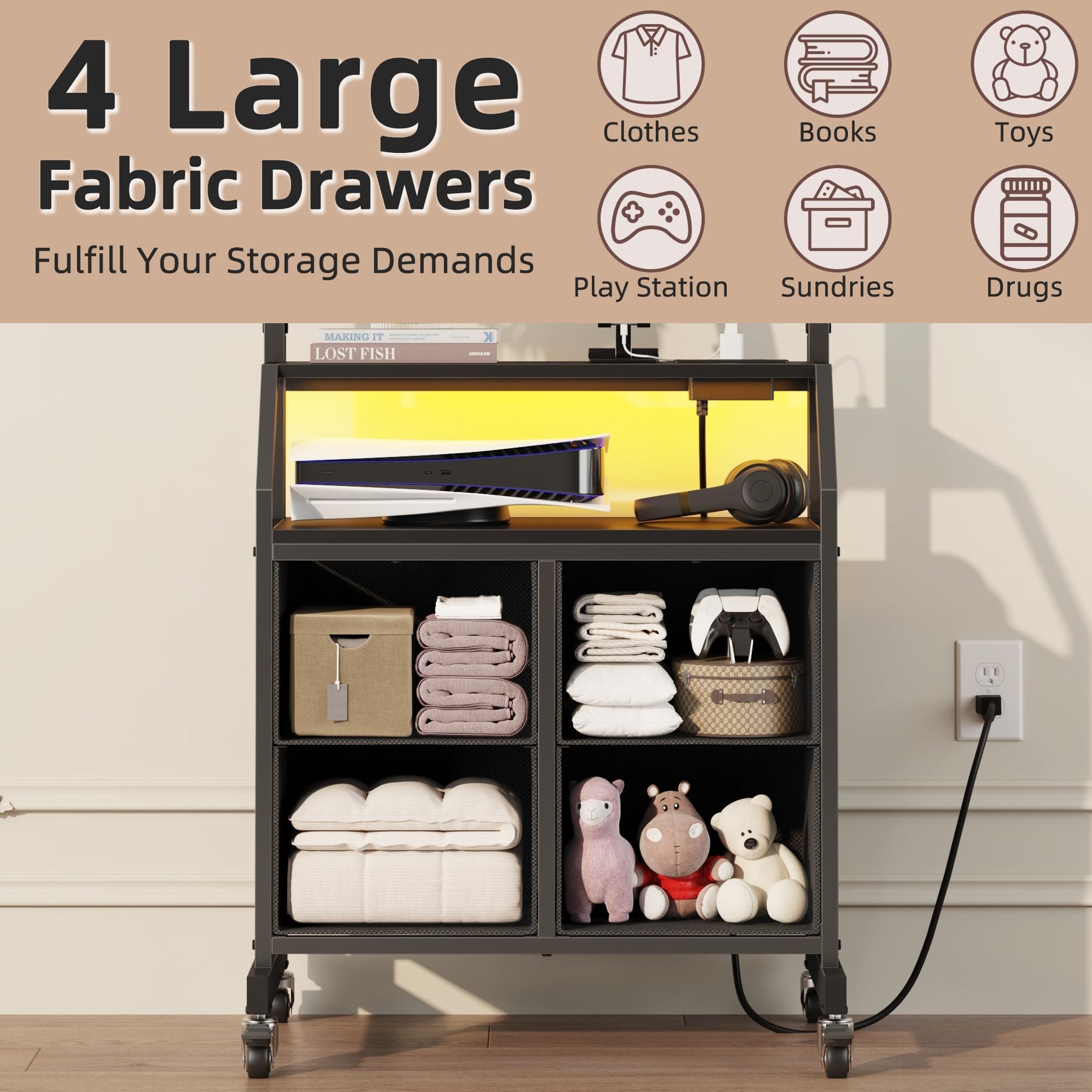 GYIIYUO Rolling TV Stand with Mount & 4 Fabric Drawers for 32-75 inch TVs
