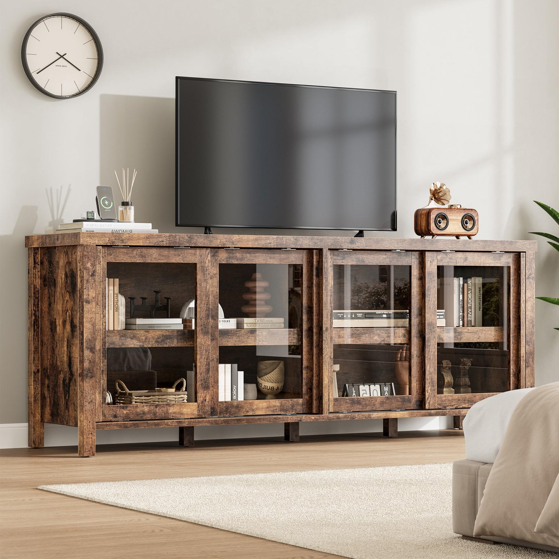 GAOMON TV Stand for 65" with Entertainment Center, Storage Cabinet, 4 Sliding Glass Doors, Mid Century Modern Media TV Console Table for Living Room Bedroom (Retro Brown)