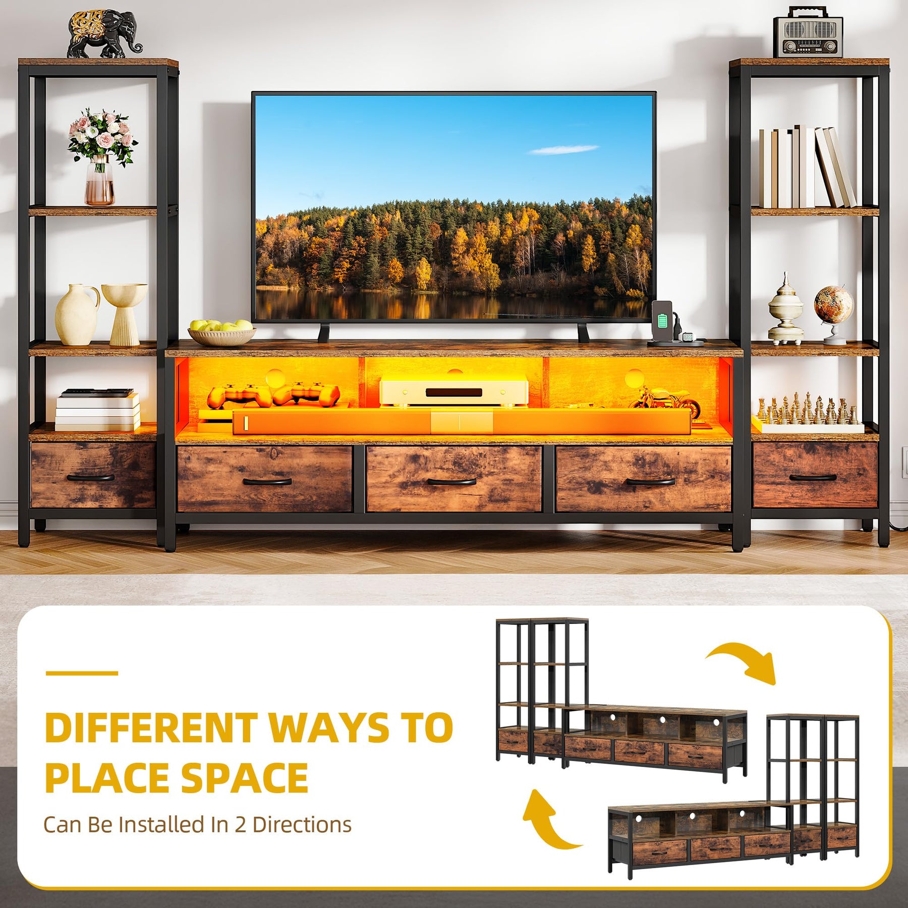DWVO Industrial LED TV Stand for 65 Inch TVs, Entertainment Center with 2 4-Tier Bookshelves & Power Outlets, Media Console Table with 5 Drawers & Open Storage for Living Room, Grey