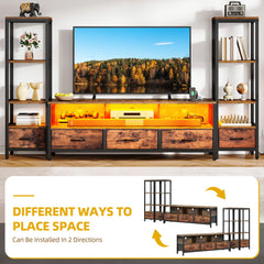 DWVO Industrial LED TV Stand for 65 Inch TVs, Entertainment Center with 2 4-Tier Bookshelves & Power Outlets, Media Console Table with 5 Drawers & Open Storage for Living Room, Grey