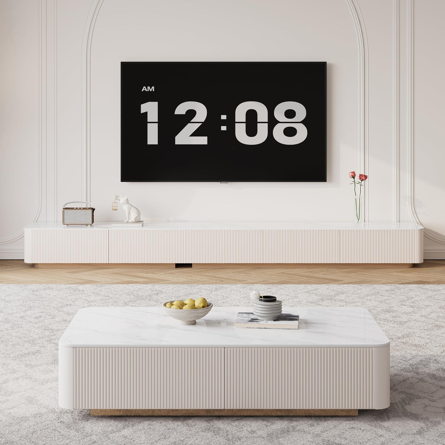 94.5" Fully Assembled TV Console, White TV Stand with Sintered Stone Top