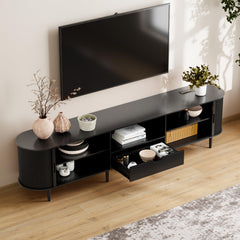 DHH 86.6" Fluted TV Stand with Power Outlet for TVs up to 90", TV Console with Adjustable Shelves and Sliding Door,Mid Century Modern Entertainment Center for Living Room,Bedroom (Walnut)