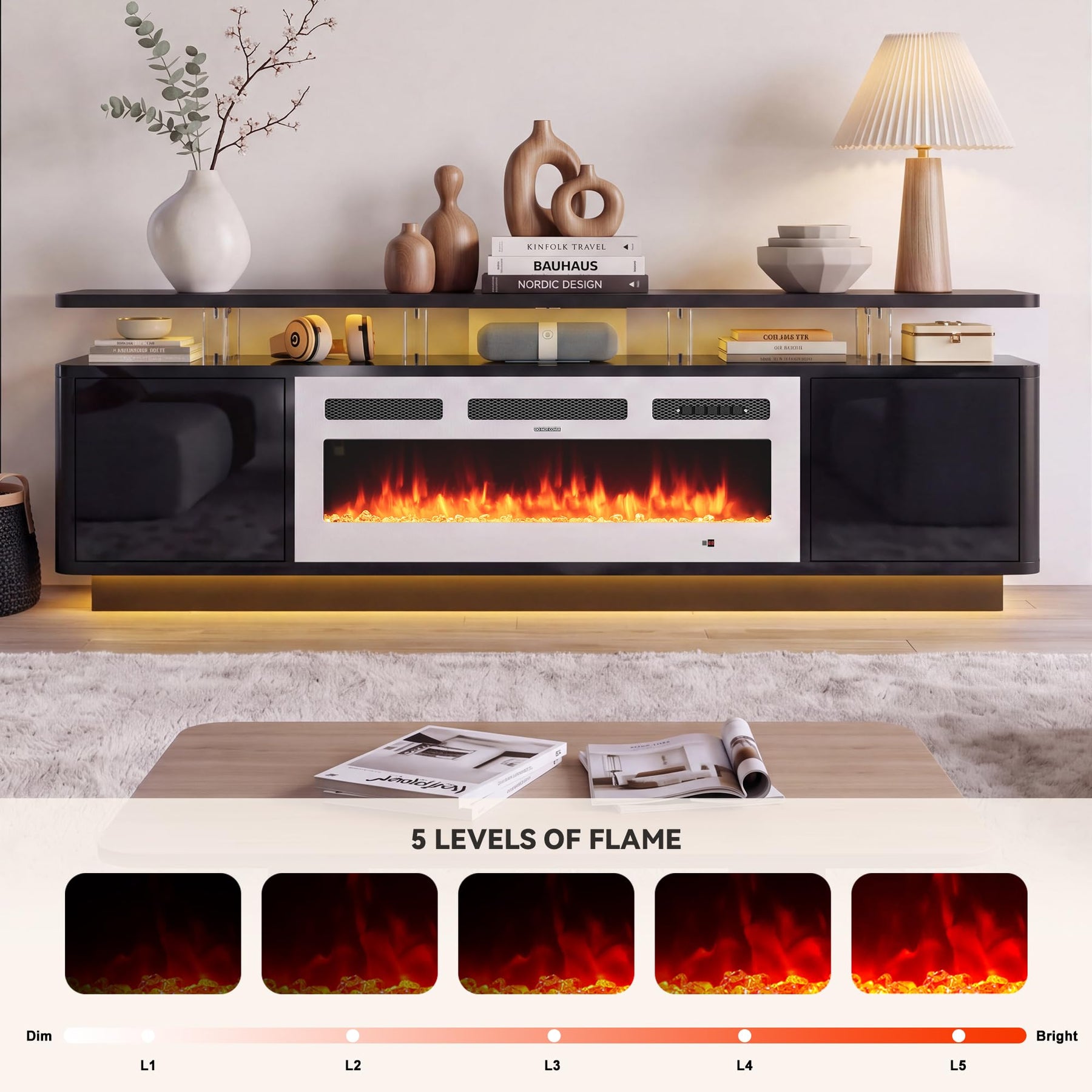 OneBlis 70" Fireplace TV Stand with Double LED Lights for TVs UP to 80", Electric Fireplace Entertainment Center with Storage Cabinets, TV Console for Living Room, Office, Black1