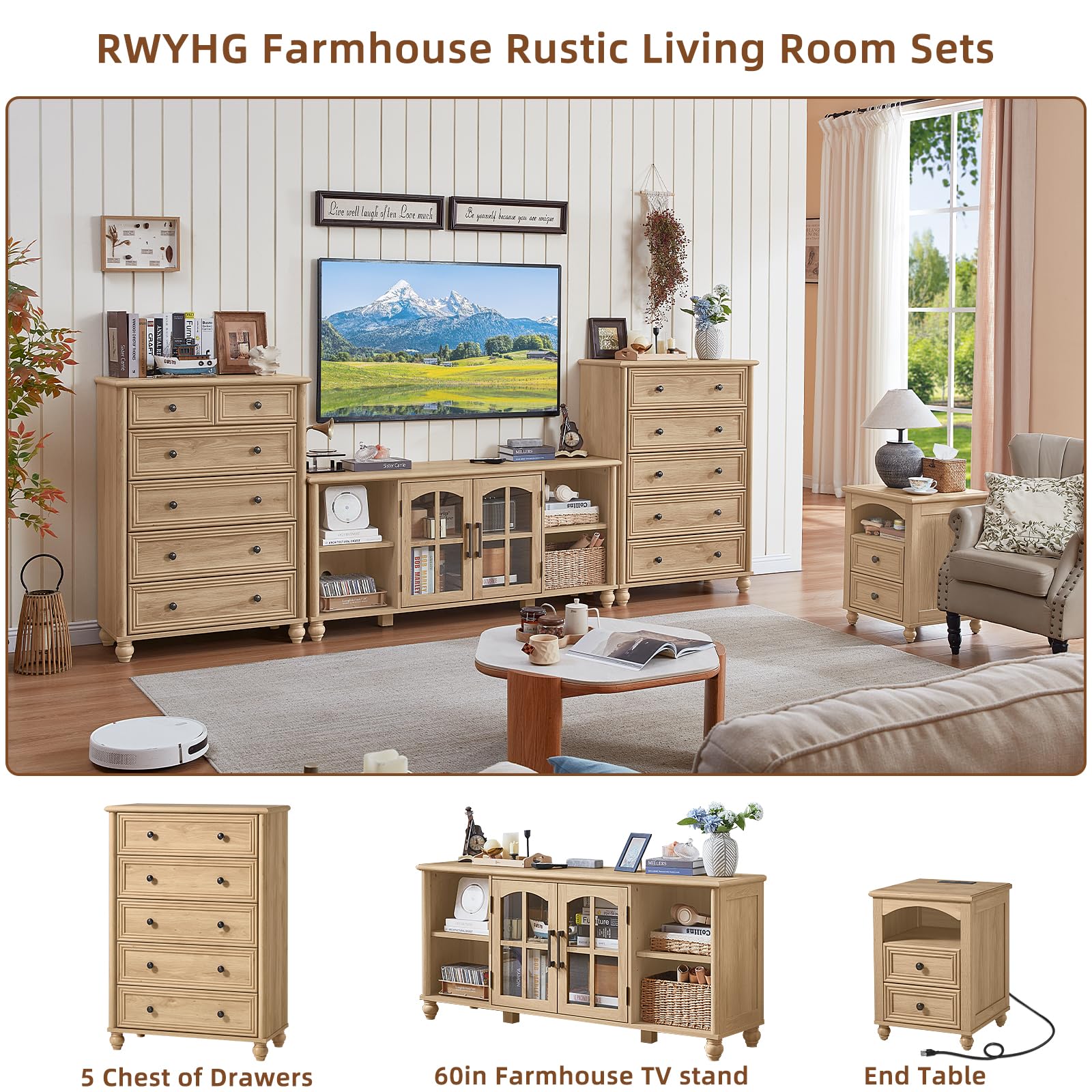 RWYHG Farmhouse TV Stand for 60 in TV, Entertainment Center for Living Room