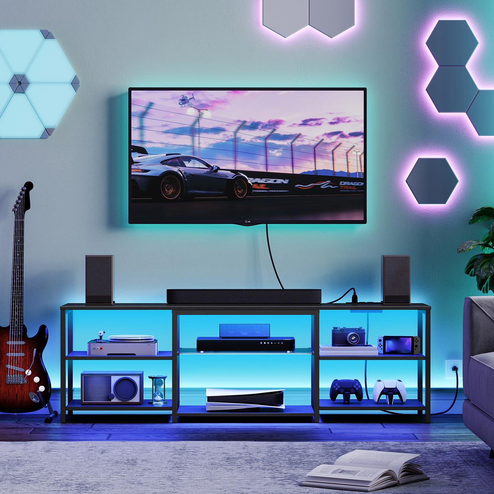 HOOBRO LED TV Stand for 75 Inch TVs with Charging Station, Gaming Entertainment Center with 3-Tier Open Storage, Long 70.1” Media TV Console Table, TV Stand for Living Room, Bedroom, Black BB22UDDS01