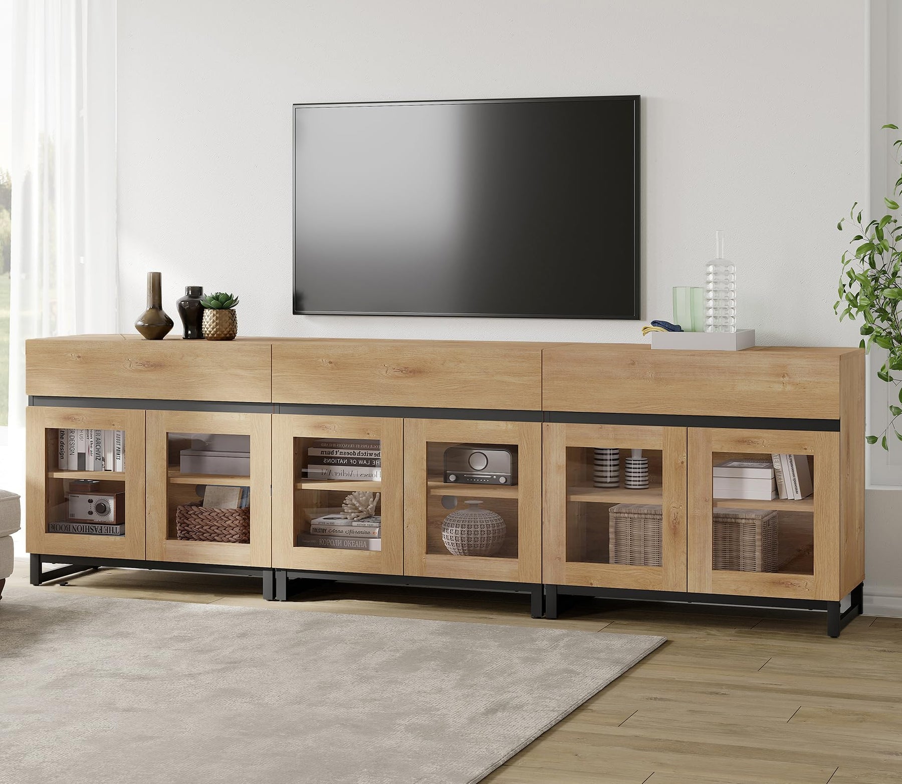 WAMPAT Modern TV Stand with Glass Doors for 80-120 inch TVs, 4 in 1 Entertainment Center Console with 4 Drawers and Metal Base for Living Room, Bedroom, Brown