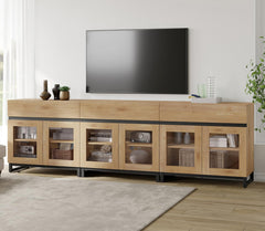 WAMPAT Modern TV Stand with Glass Doors for 80-120 inch TVs, 4 in 1 Entertainment Center Console with 4 Drawers and Metal Base for Living Room, Bedroom, Brown