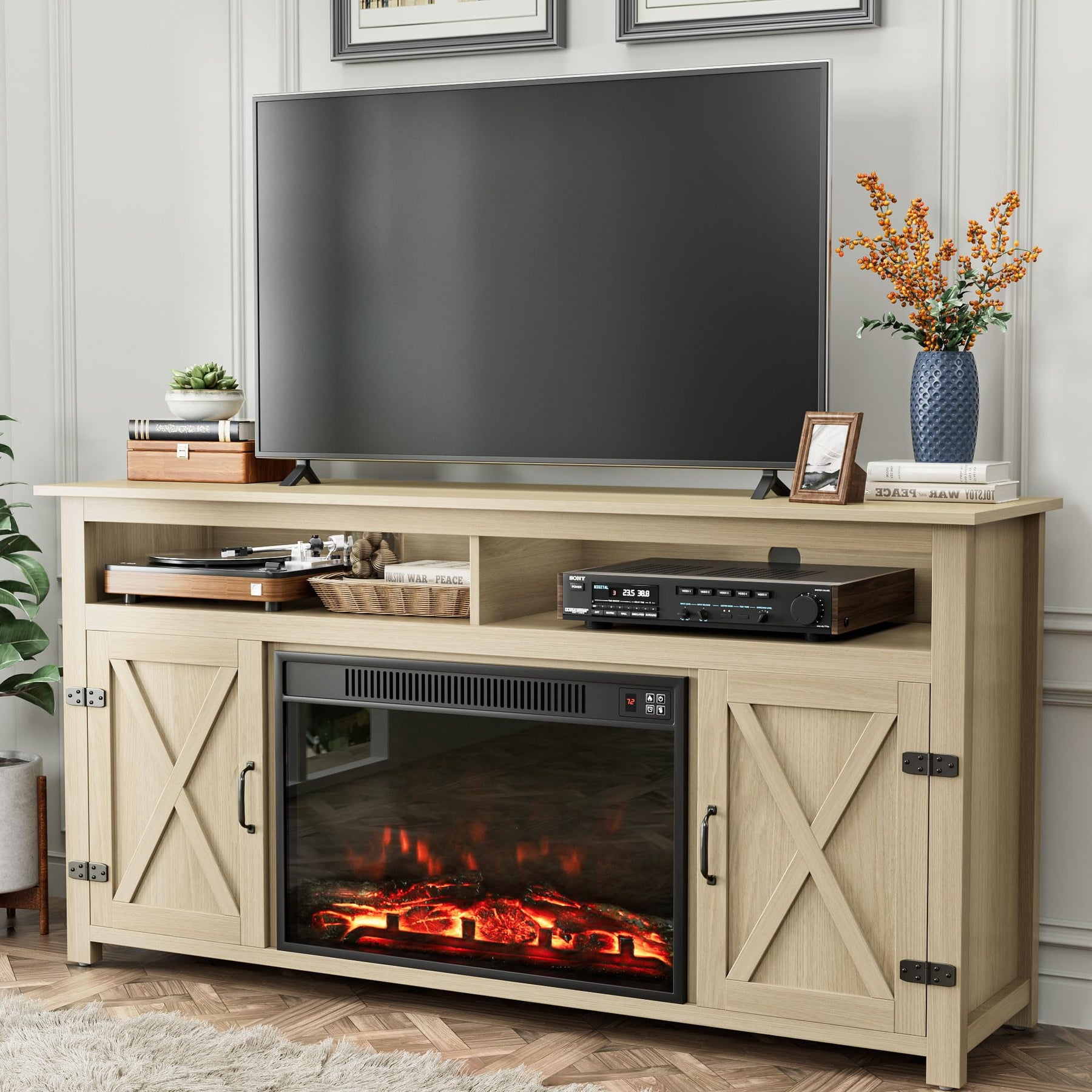 YESHOMY 58" Farmhouse TV Stand for TVs up to 65", Sliding Barn Doors, White