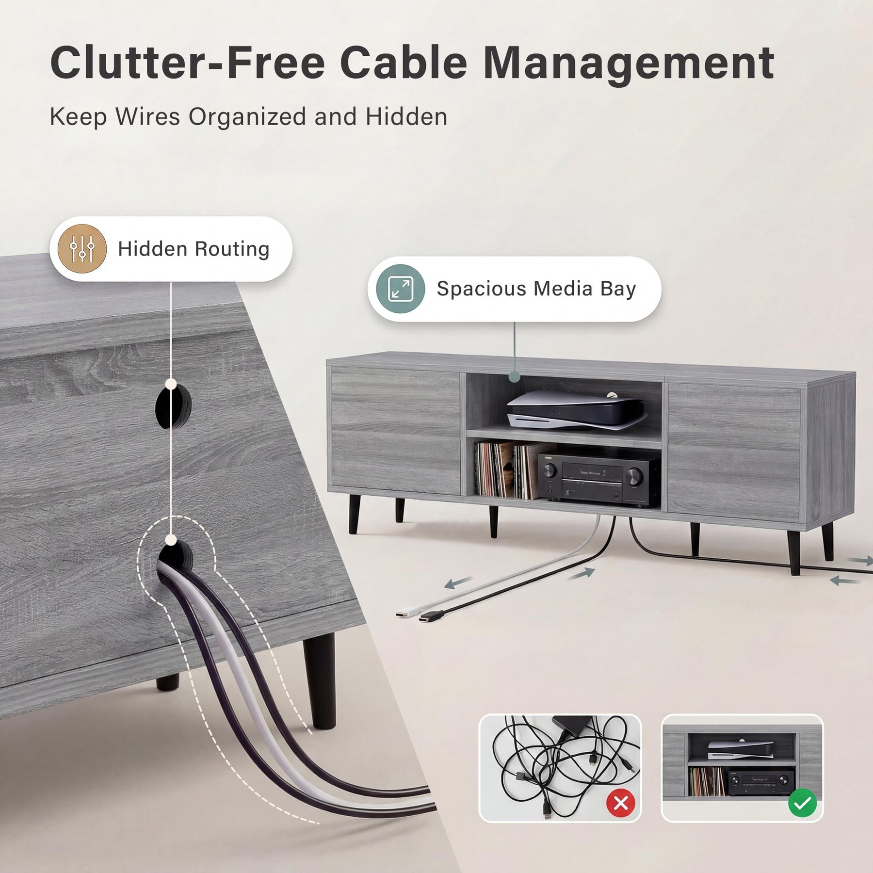 YESHOMY Mid-Century Modern TV Stand, 58 Inch, Light Grey
