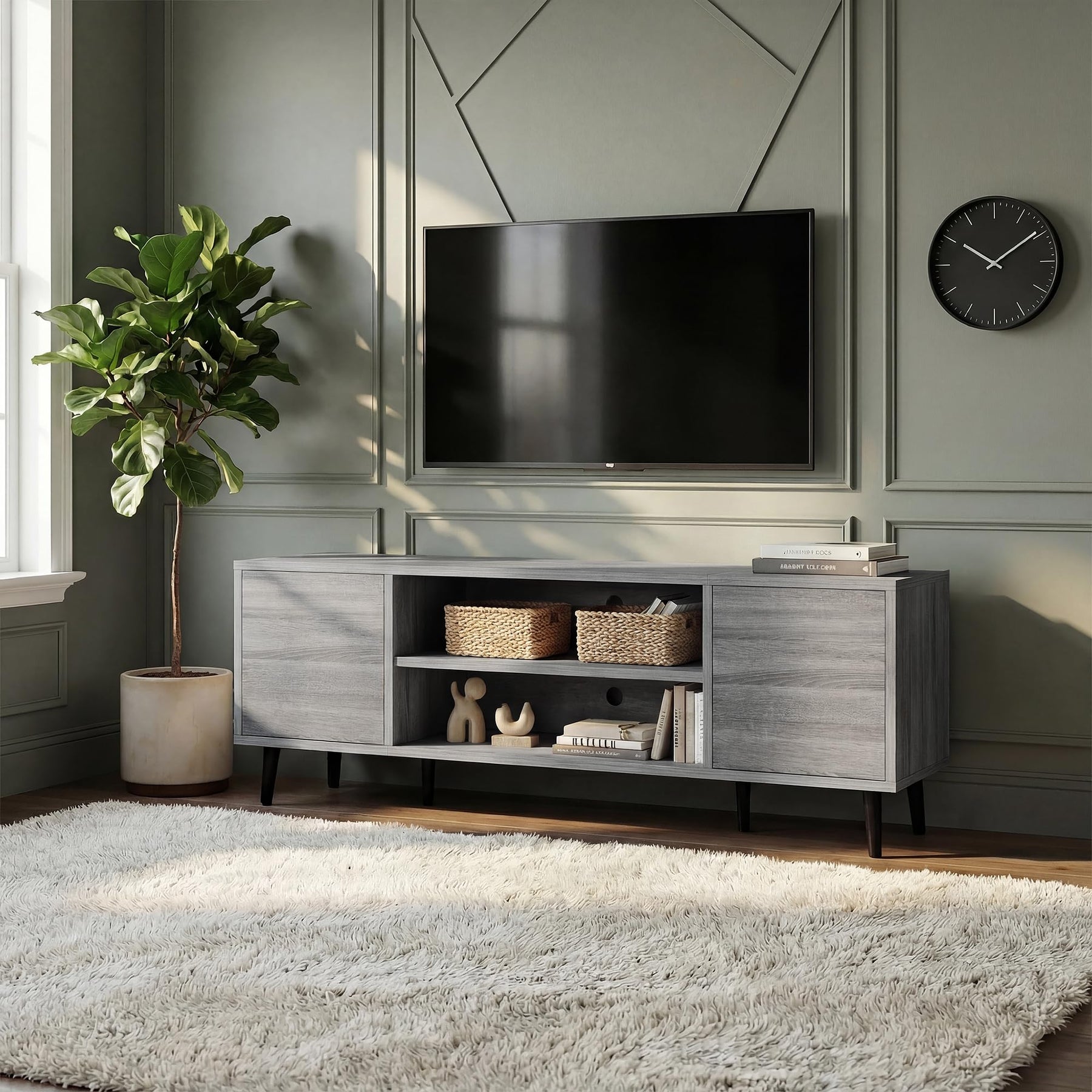 YESHOMY Mid-Century Modern TV Stand, 58 Inch, Light Grey