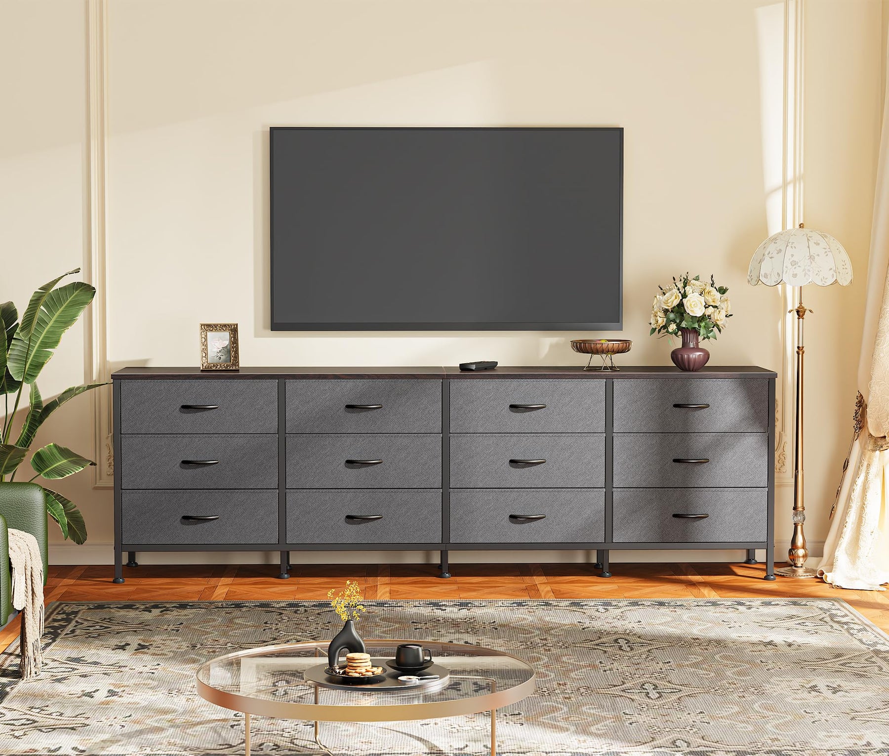 Huuger 70 Inch Dresser for Bedroom, TV Stand for 65, 75, 80 Inch TV, 12 Fabric Drawer Long Dresser, Large Entertainment Center for Bedroom, Wide Chest of Drawer with Storage, Rustic Brown