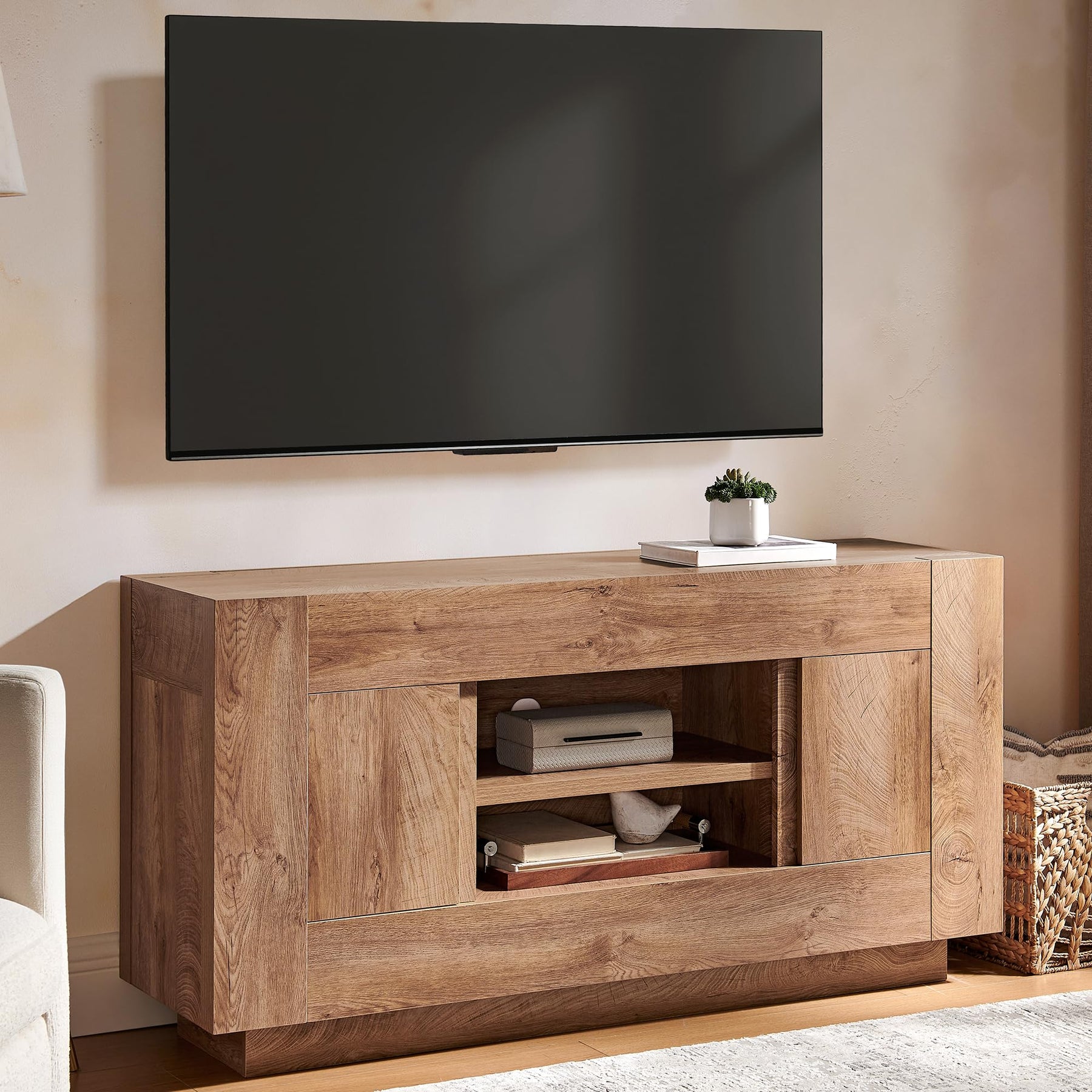 OKD 70" TV Stand for 80" TV, Thick Block Media Console, Antique White