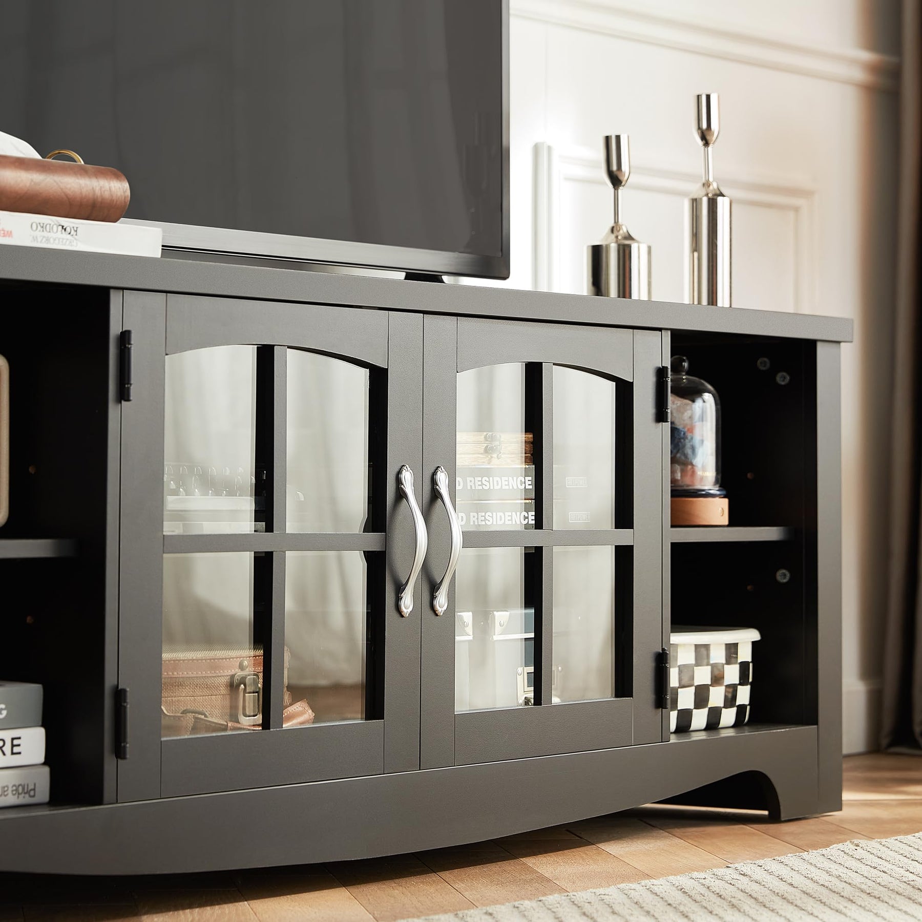 LINSY HOME Farmhouse TV Stand for 65 Inch TV, Wood Entertainment Center with Glass Door Storage Cabinet & Adjustable Shelves, Large Sturdy TV Console Table for Living Room Bedroom