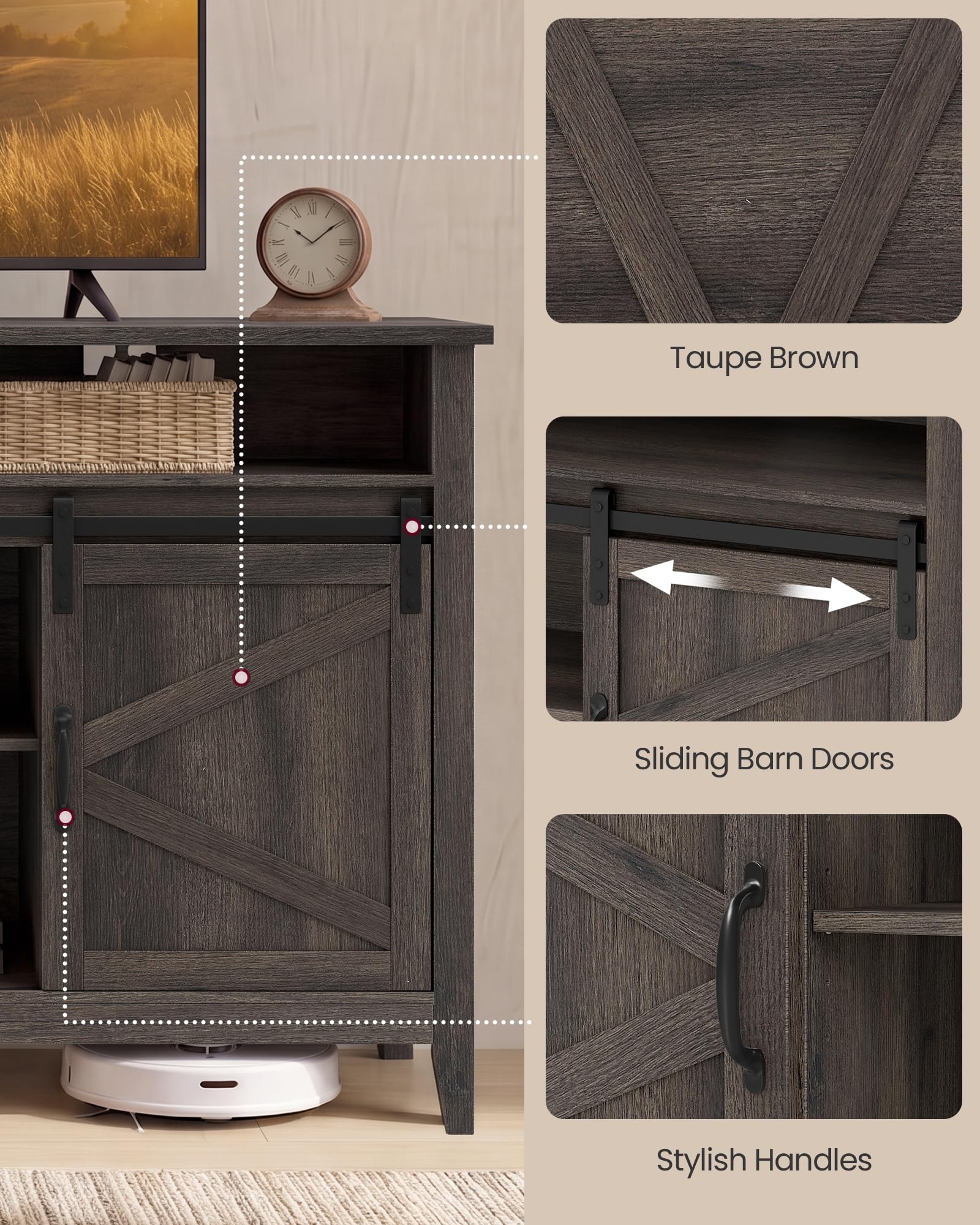 VASAGLE Tall Farmhouse TV Stand, Entertainment Center with Barn Doors, Storage Media Console Table for Living Room, 58.3 x 15.7 x 31.9 Inch, Rustic White and Honey Brown, LIRY Collection ULTV031W101S