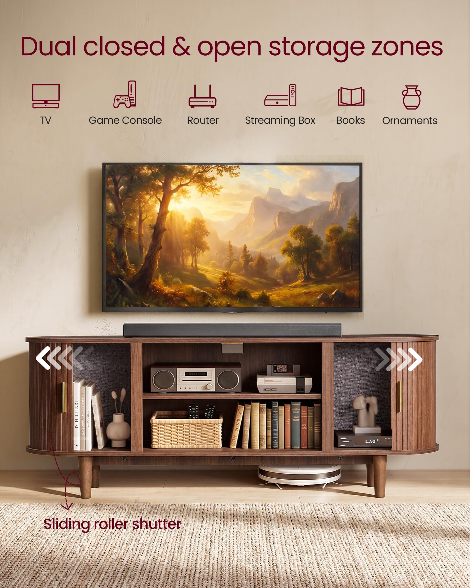 VASAGLE 58 Inch TV Stand, Mid Century Entertainment Center with Storage