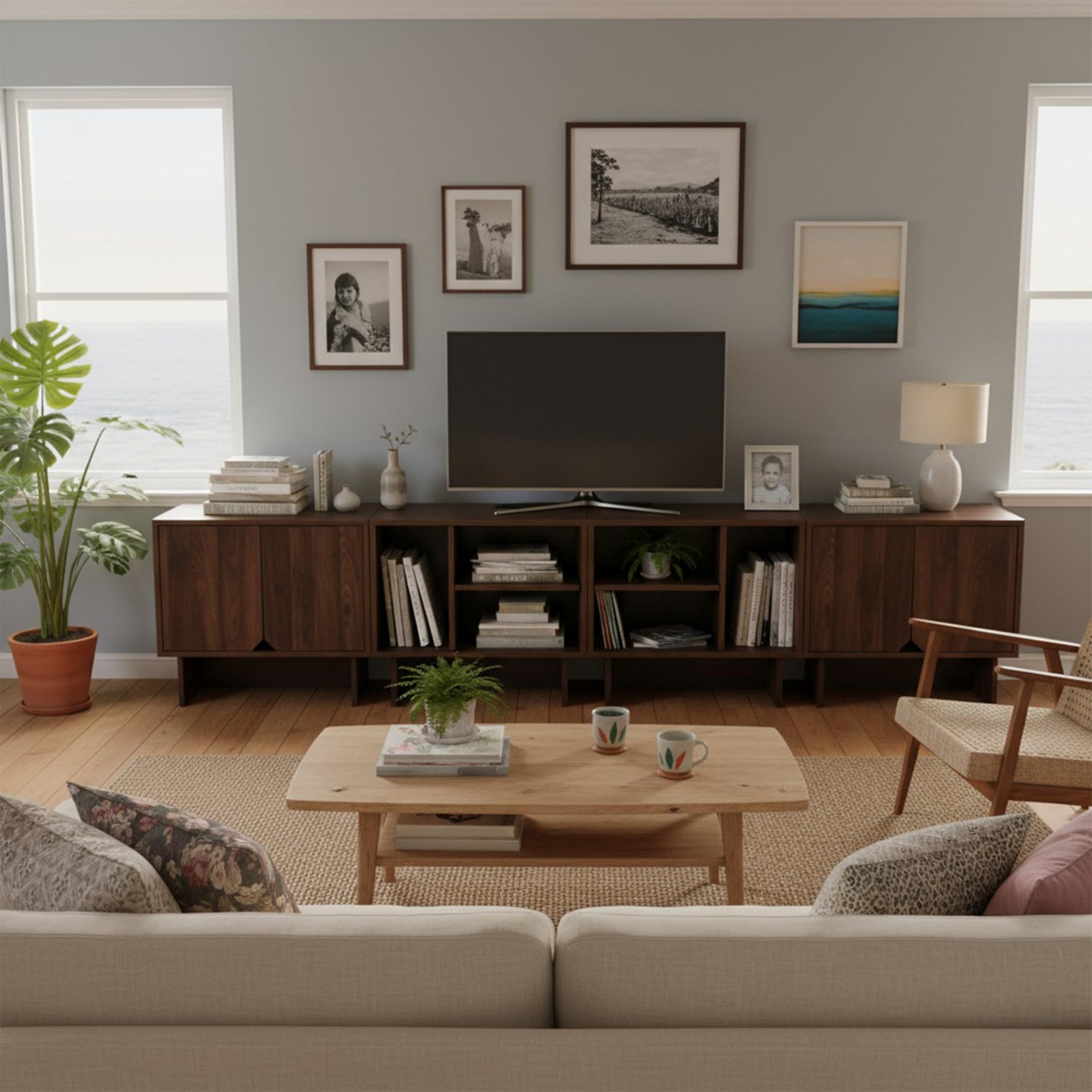 Modular TV Stand for Up to 100 Inch TV, Walnut Entertainment Center