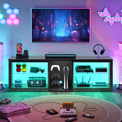 Clikuutory Modern 63 inch TV Stand with LED Lights for 50 55 60 65 70 75 inch TVs, High Gloss Entertainment Center for PS5, TV Cabinet with Glass Shelves for Living Room, Bedroom, Bright Black