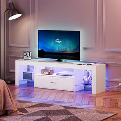 HOOBRO LED TV Stand with Power Outlets to 65 inch TV, Gaming Entertainment Center with Glass Shelves and Large Drawer, Modern Media TV Console Table for Living Room Bedroom, Black BB14UDDS01G1