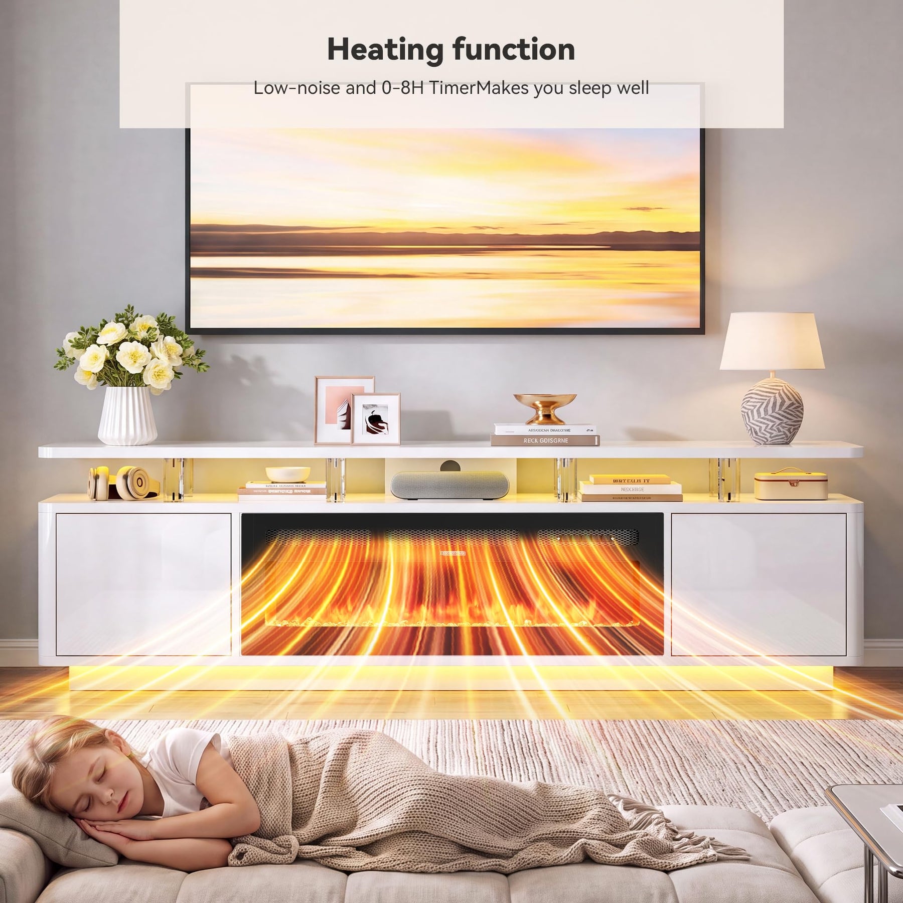 OneBlis 70" Fireplace TV Stand with Double LED Lights for TVs UP to 80", Electric Fireplace Entertainment Center with Storage Cabinets, TV Console for Living Room, Office, Black1