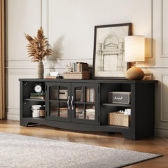 LINSY HOME Farmhouse TV Stand for 65 Inch TV, Wood Entertainment Center with Glass Door Storage Cabinet & Adjustable Shelves, Large Sturdy TV Console Table for Living Room Bedroom