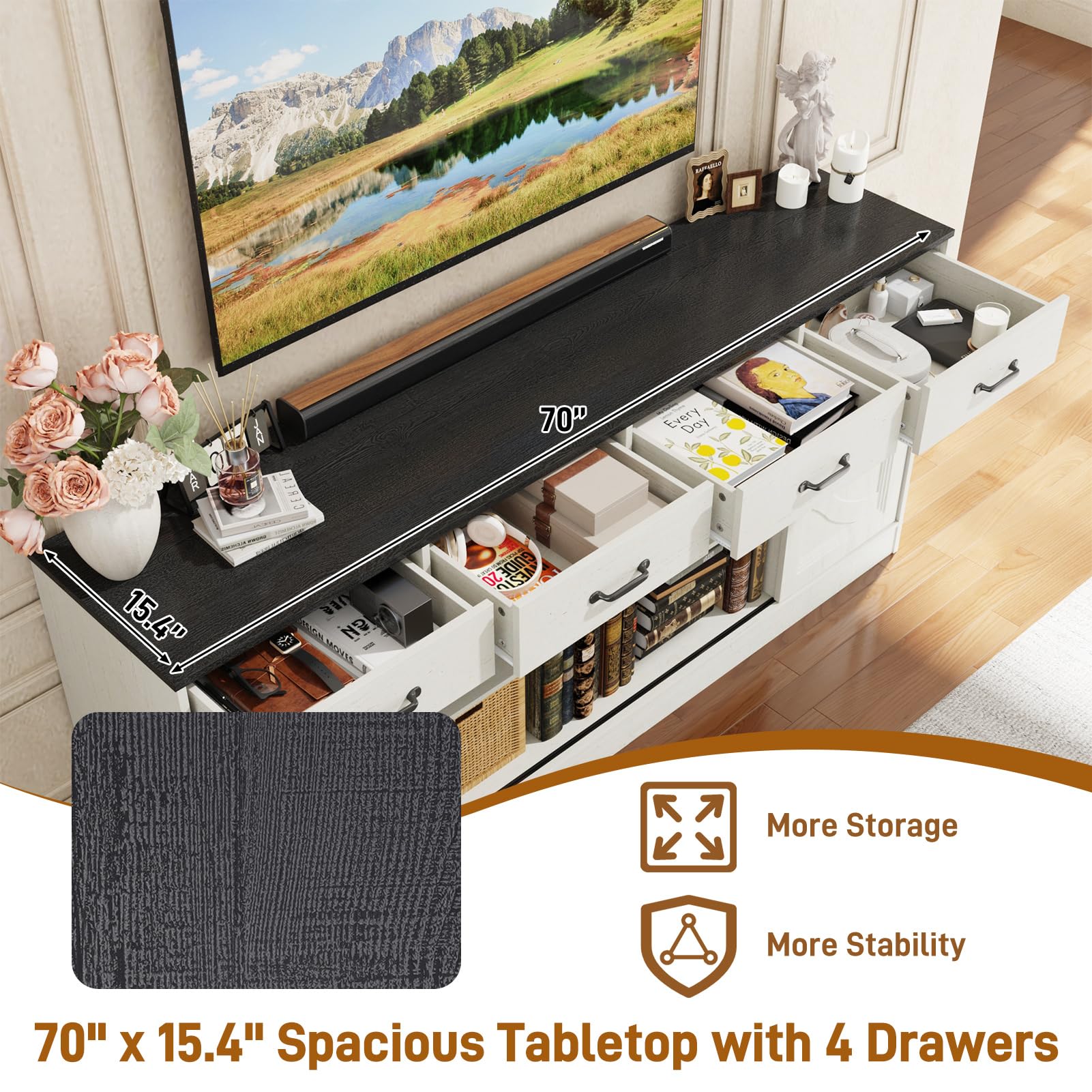 70" Large Farmhouse Tall TV Stand for 85/80/75/70 Inch TVs,4 Drawers,Brown