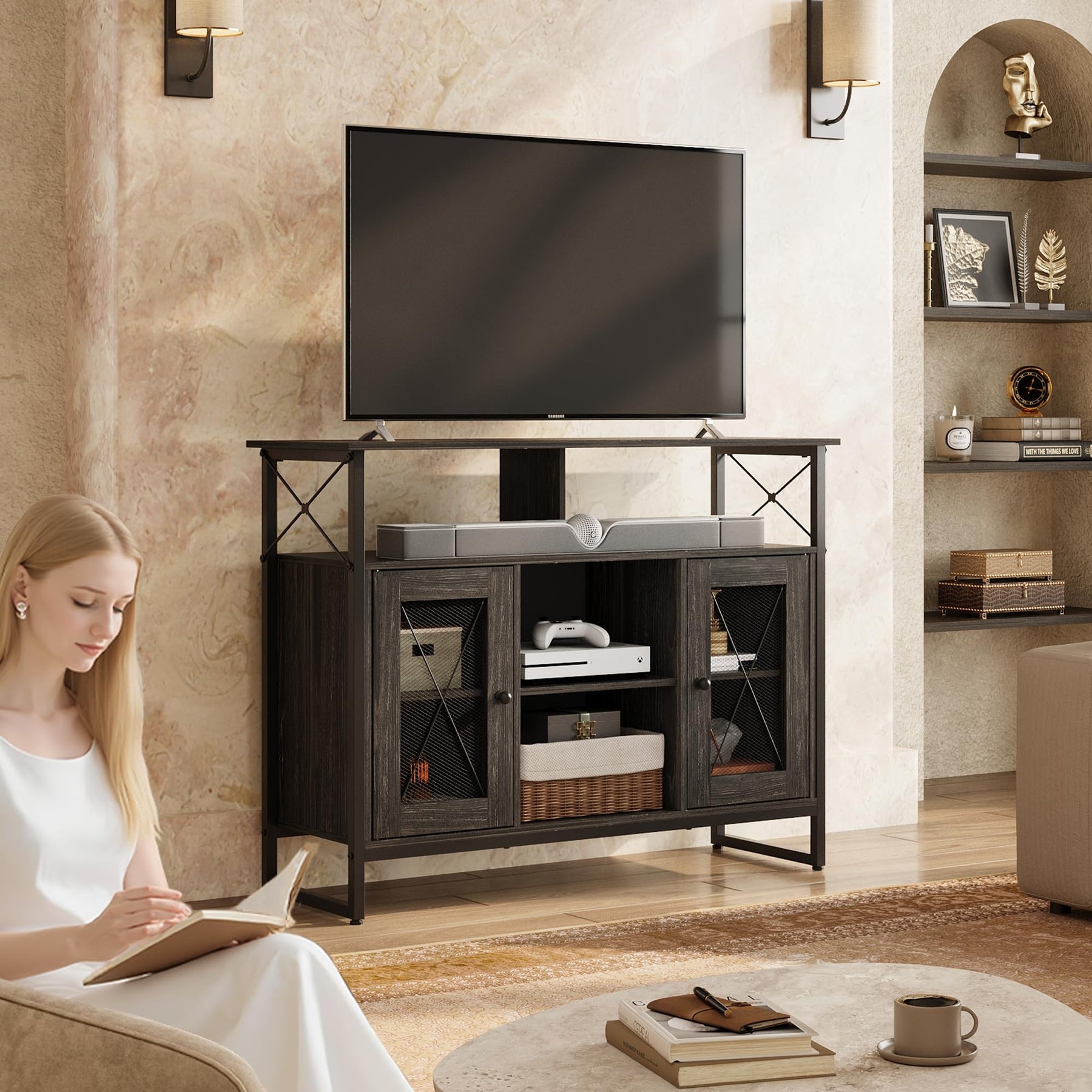 WLIVE TV Stand 55 inch TV, Tall Entertainment Center with Storage, Farmhouse Industrial TV Console for Bedroom Living Room, Rustic Brown