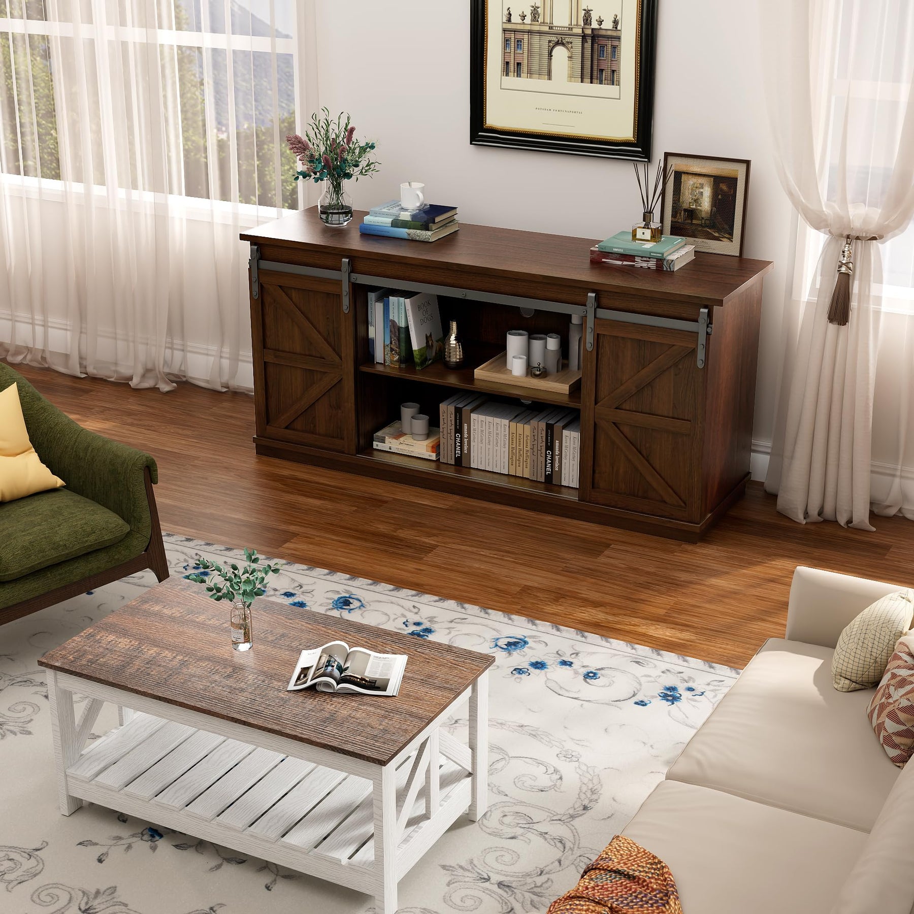 YESHOMY 58" Farmhouse TV Stand for TVs up to 65", Sliding Barn Doors, White