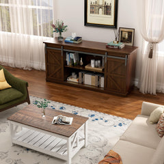 YESHOMY 58" Farmhouse TV Stand for TVs up to 65", Sliding Barn Doors, White