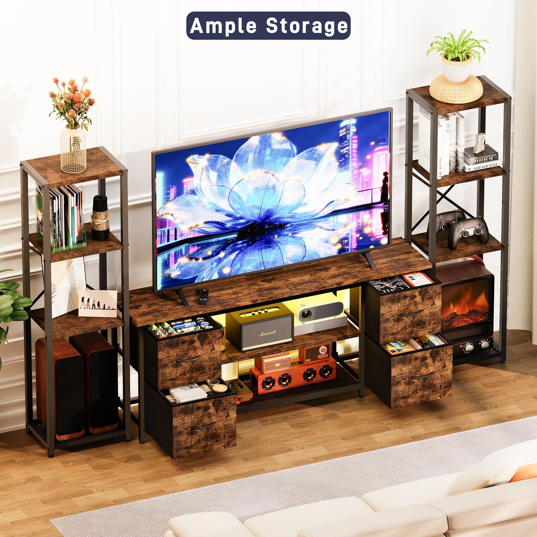 LED TV Stand Entertainment Center Bookshelf Combo with Charging Station