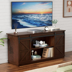 YESHOMY 58" Farmhouse TV Stand for TVs up to 65", Sliding Barn Doors, White