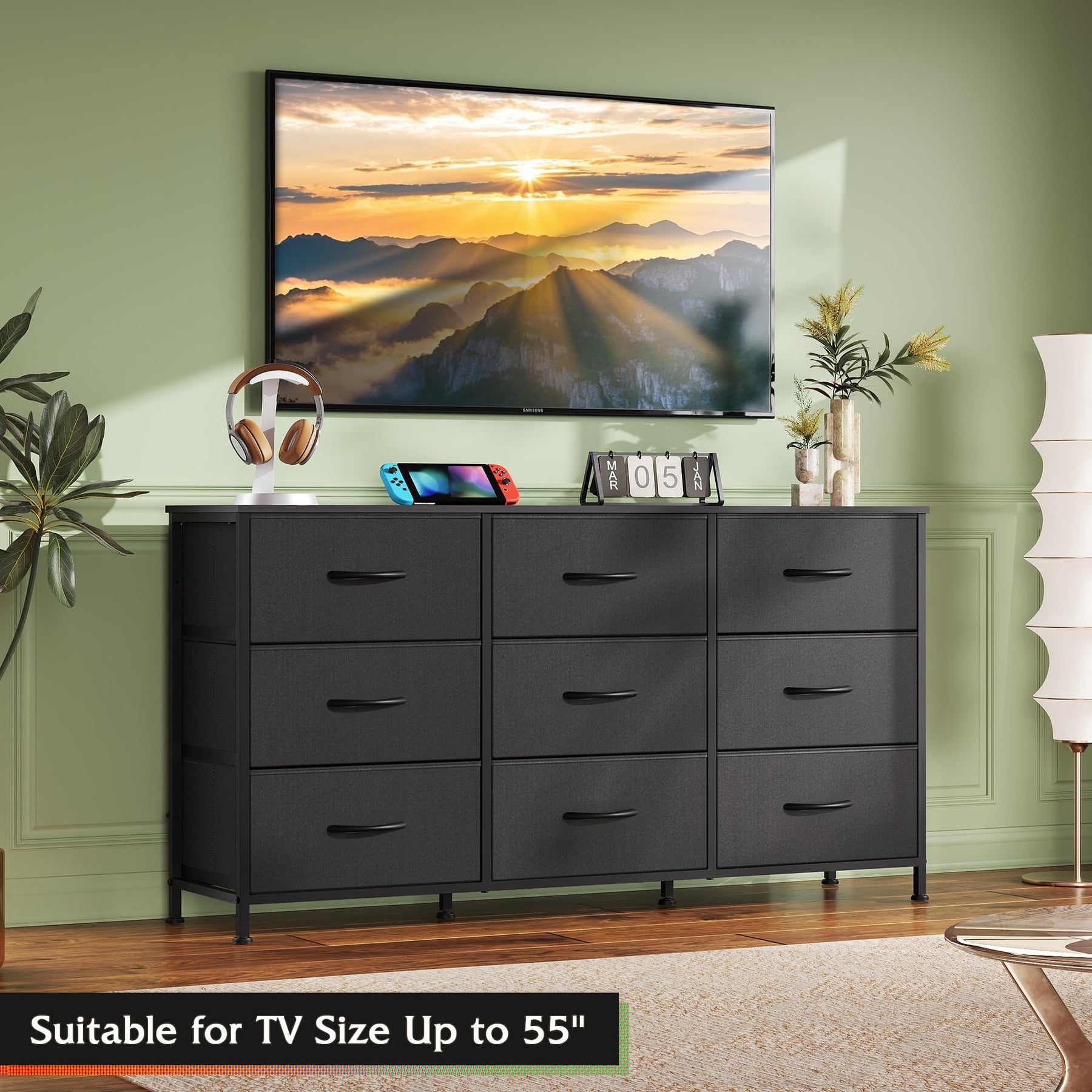 WLIVE Dresser TV Stand for 75 Inch TV, 9 Drawer Dresser for Bedroom, Black