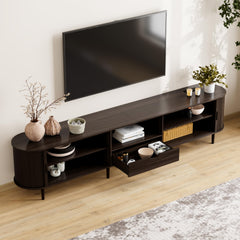 DHH 86.6" Fluted TV Stand with Power Outlet for TVs up to 90", TV Console with Adjustable Shelves and Sliding Door,Mid Century Modern Entertainment Center for Living Room,Bedroom (Walnut)