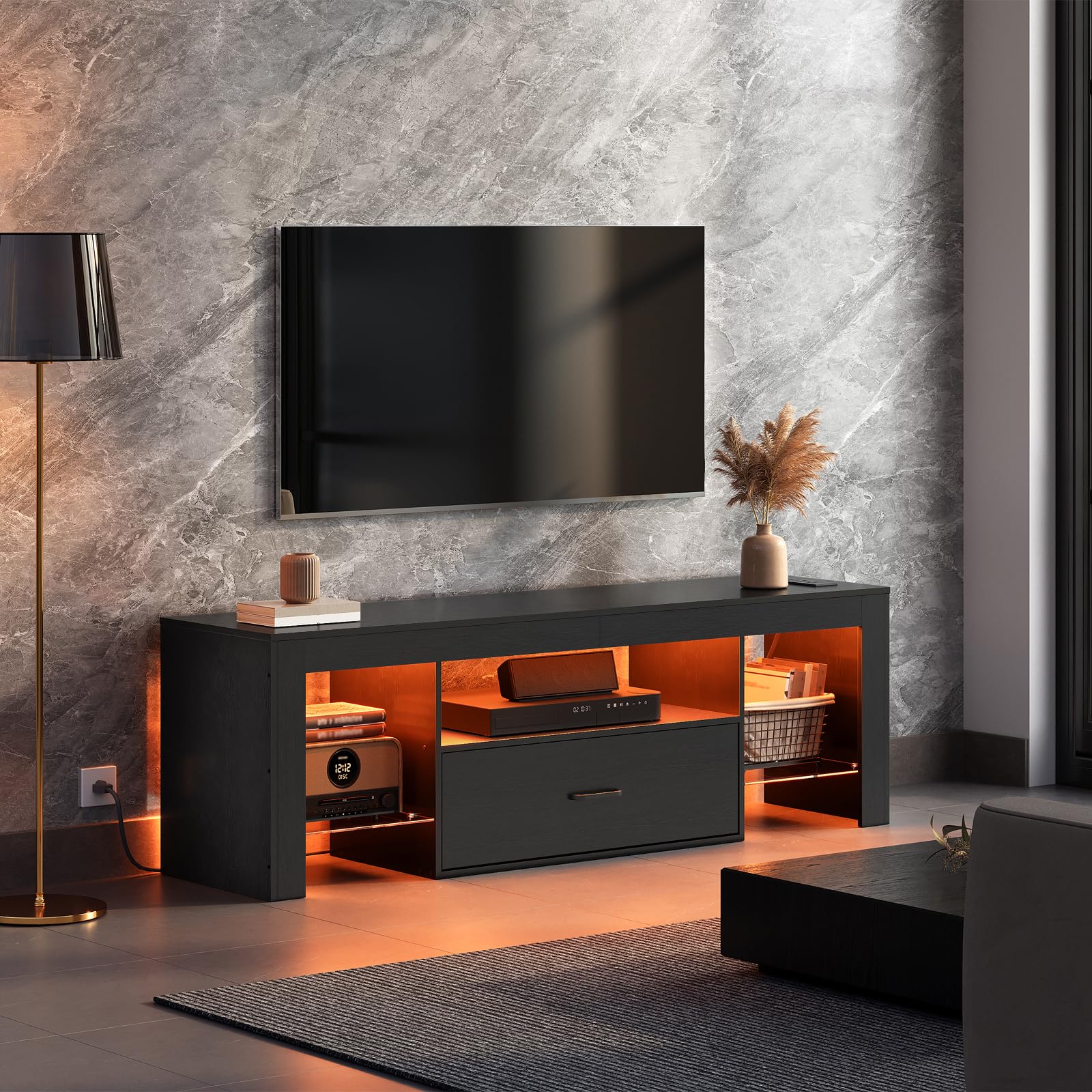 HOOBRO LED TV Stand with Power Outlets to 65 inch TV, Gaming Entertainment Center with Glass Shelves and Large Drawer, Modern Media TV Console Table for Living Room Bedroom, White WT14UDDS01