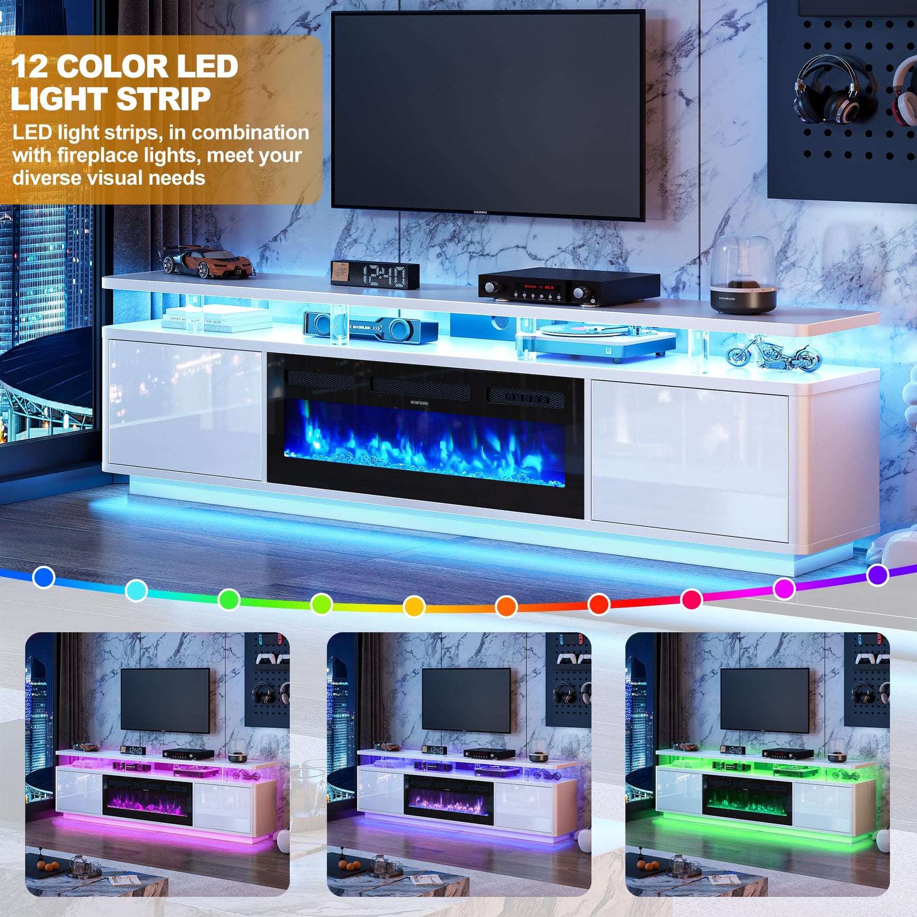OneBlis 70" Fireplace TV Stand with Double LED Lights for TVs UP to 80", Electric Fireplace Entertainment Center with Storage Cabinets, TV Console for Living Room, Office, Black1