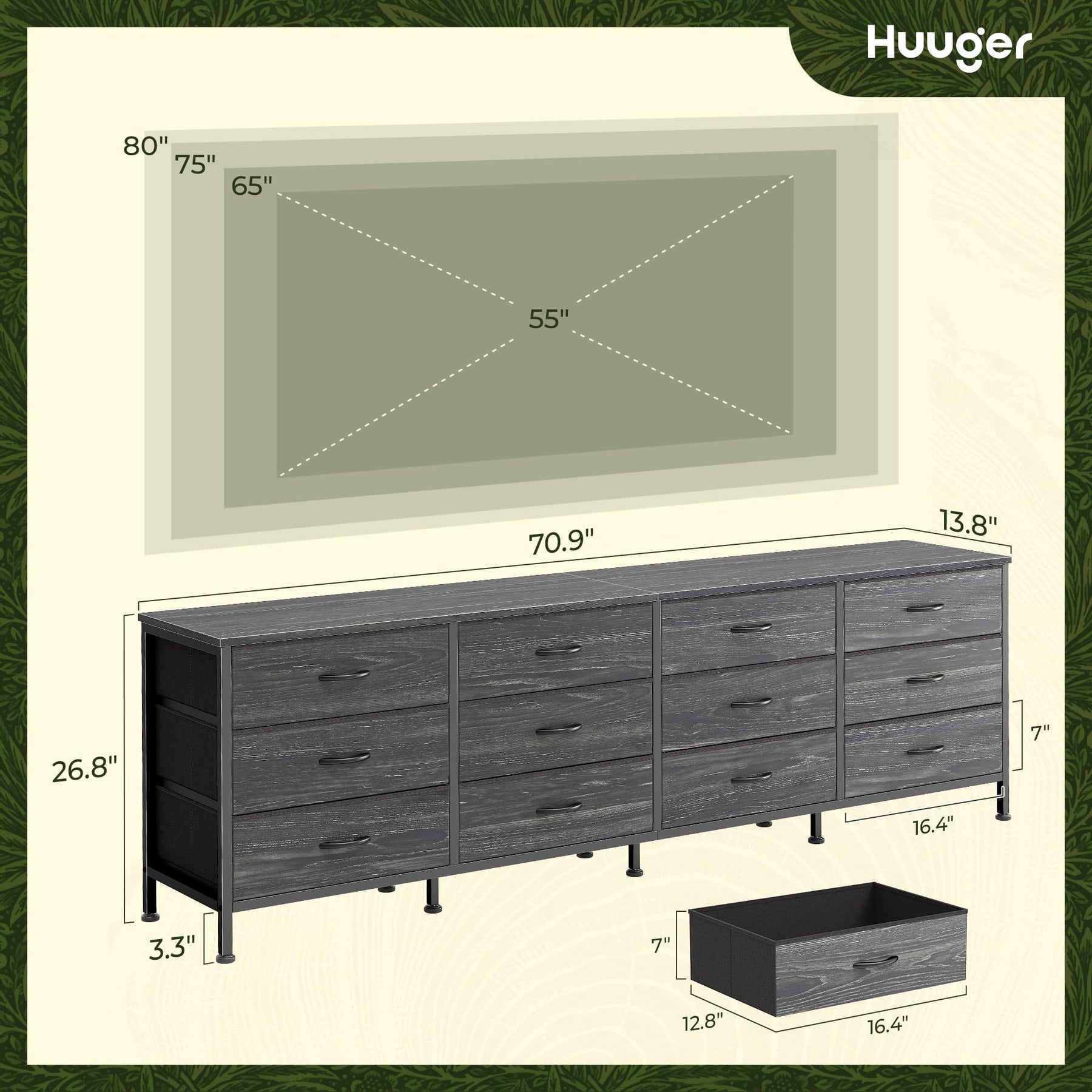 Huuger 70 Inch Dresser for Bedroom, TV Stand for 65, 75, 80 Inch TV, 12 Fabric Drawer Long Dresser, Large Entertainment Center for Bedroom, Wide Chest of Drawer with Storage, Rustic Brown