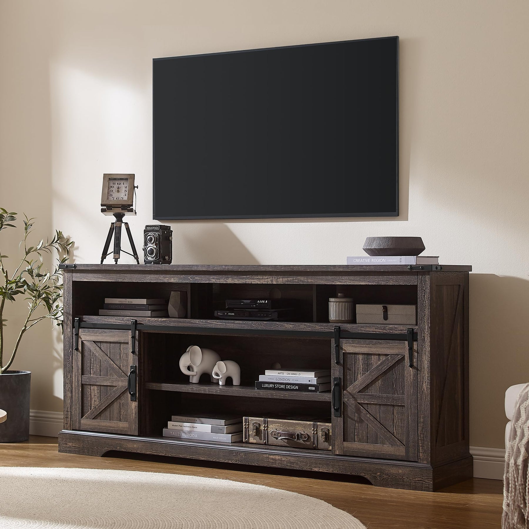 OKD 70" Farmhouse TV Stand for TVs up to 80", Antique White