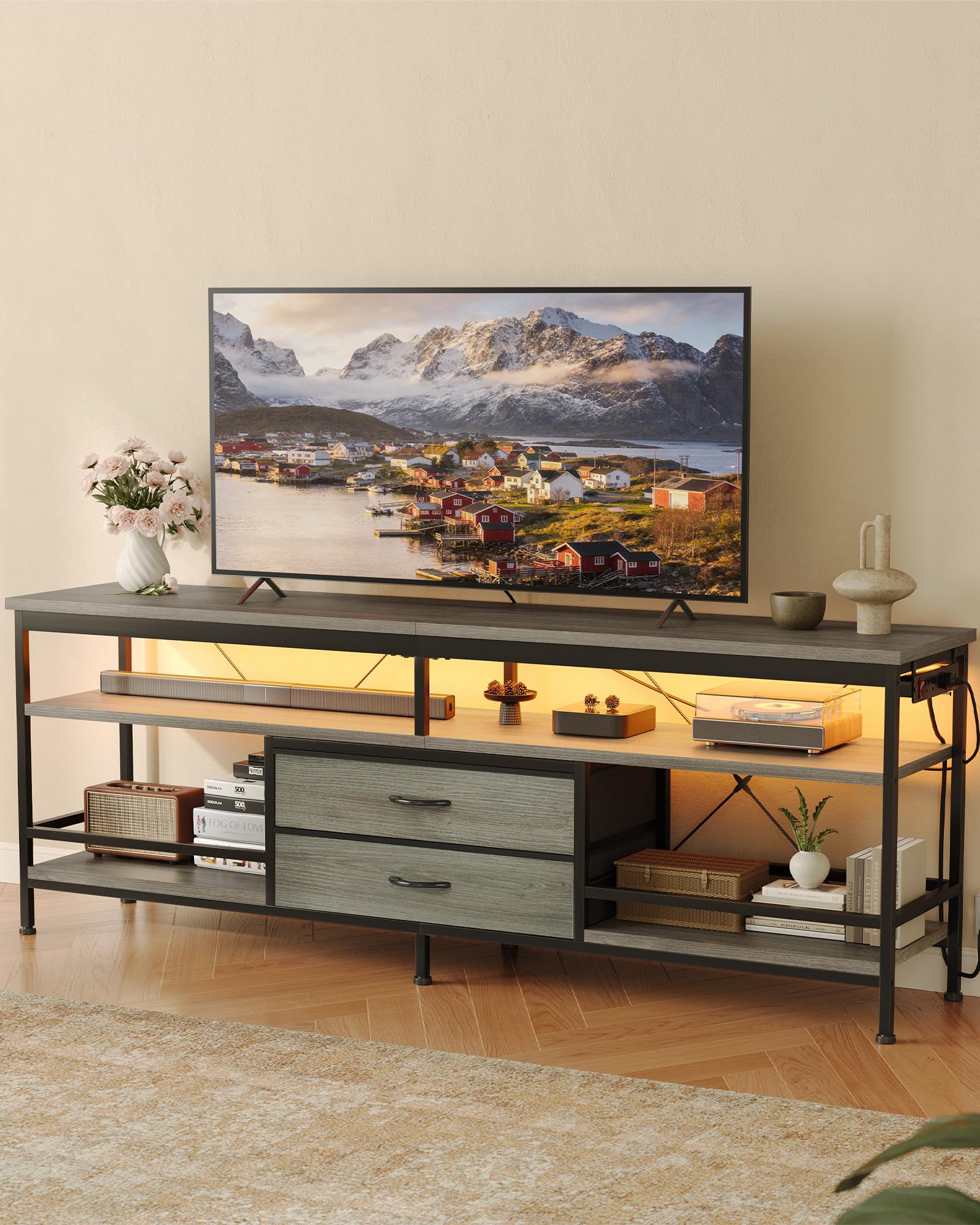 Lazzanto 63in TV Stand for 55-75in TVs, LED Lights, Charging Station, Black