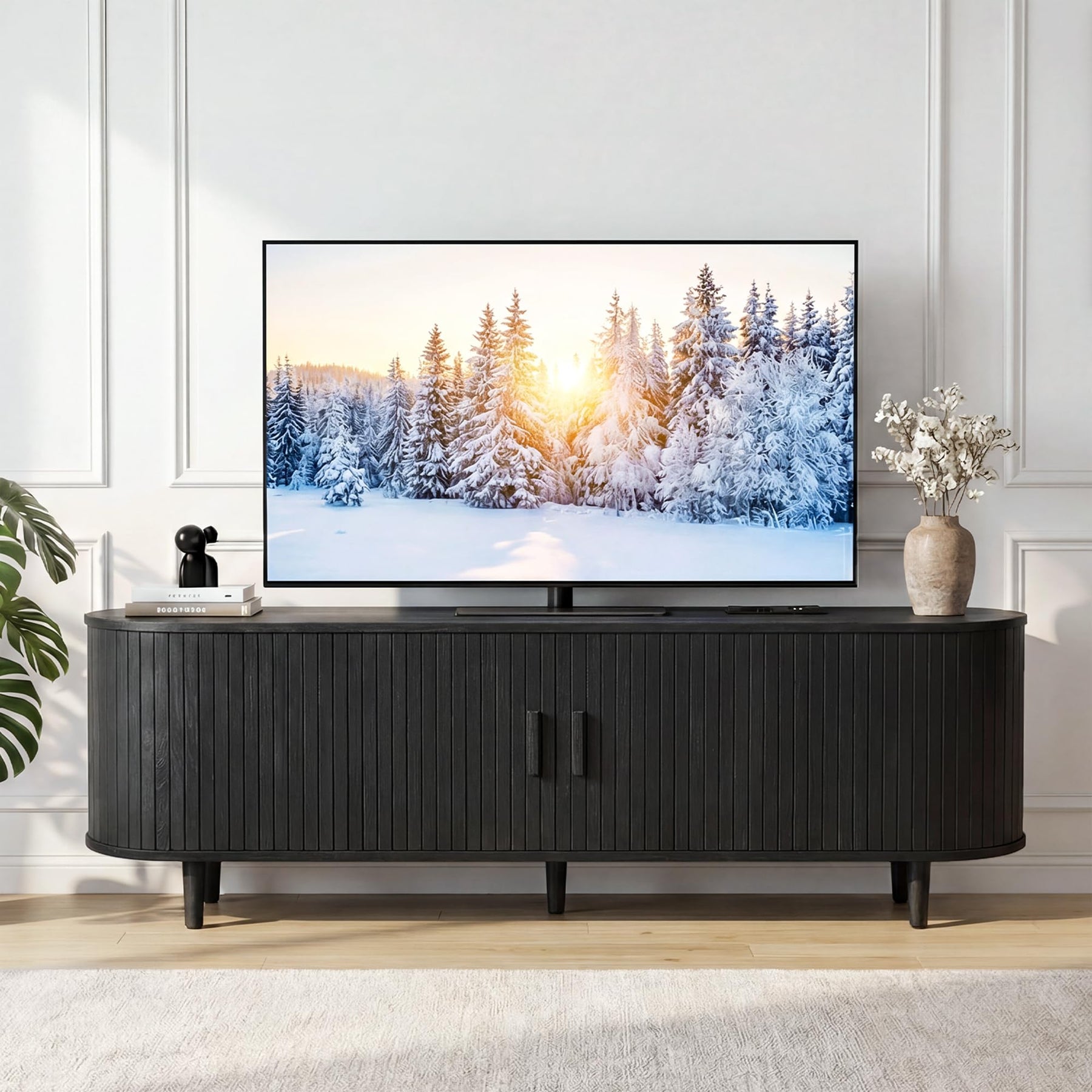 OneBlis 70" Mid Century Modern TV Stand, Wood TV Consoles with Sliding Doors and Power Outlet, Entertainment Center with Adjustable Shelves, Fluted TV Stands for Living Room, Walnut